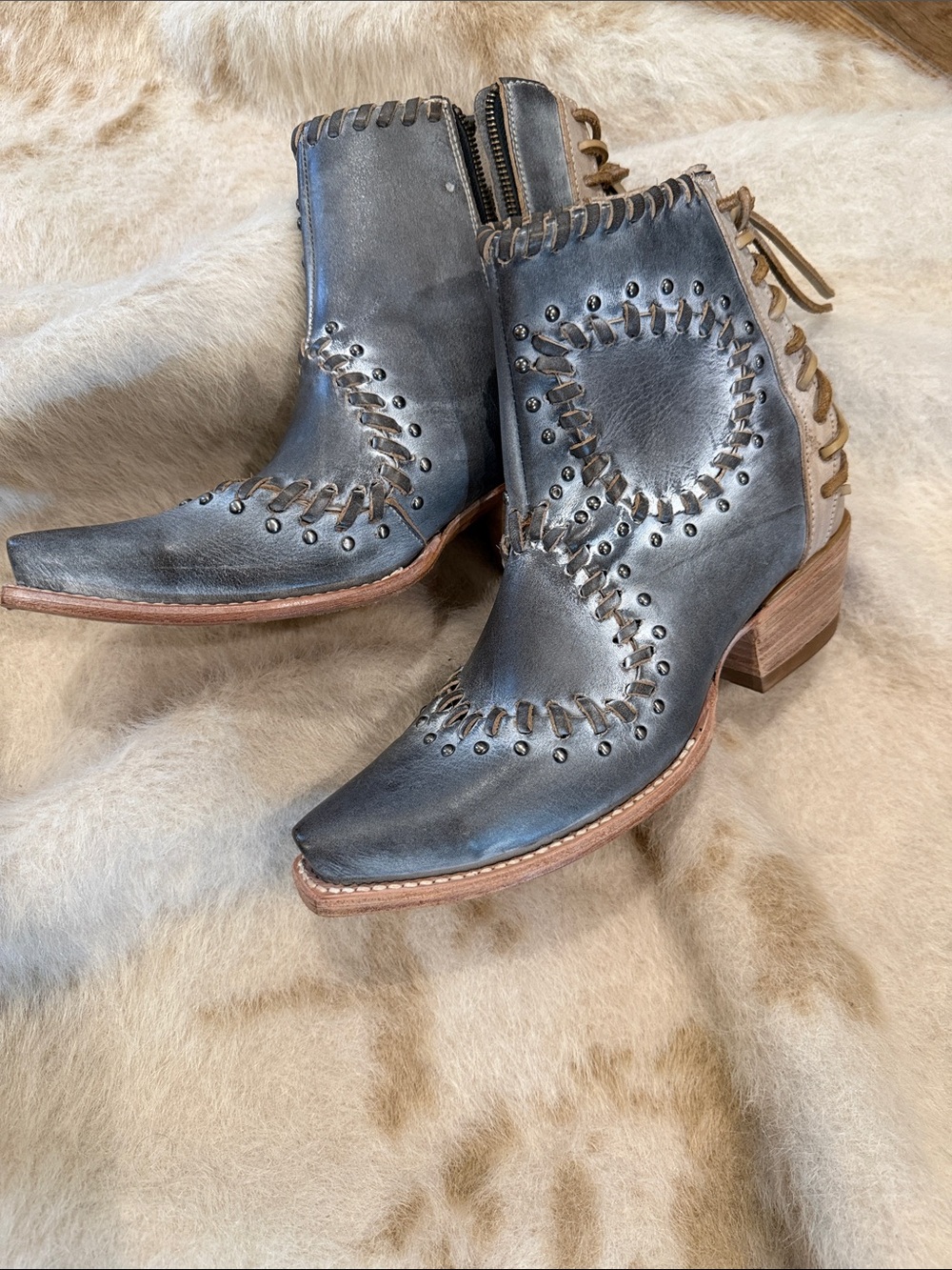 Freebird Walker Grey Whipstitch Studded Leather Western Ankle Boots